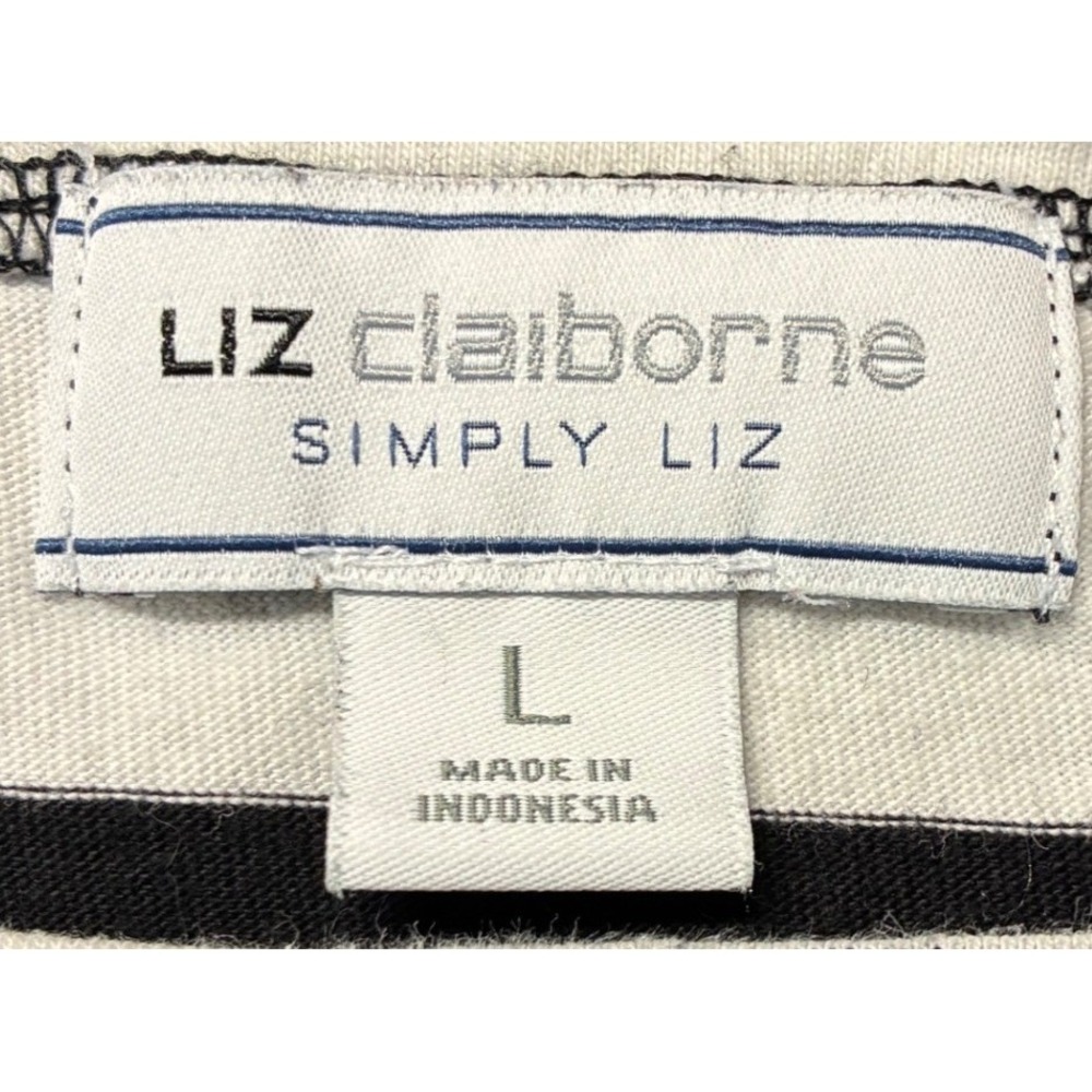 Liz Claiborne Simply Liz Black White Striped Organic Cotton Boat Neck Top L - Picture 4 of 6